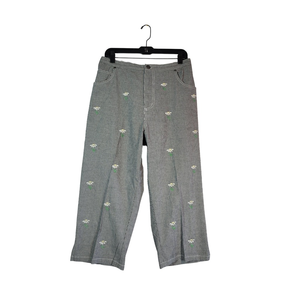 Quacker Factory Gingham Daisy Embroidered Capri Pants Gray Elastic Waist Y2K